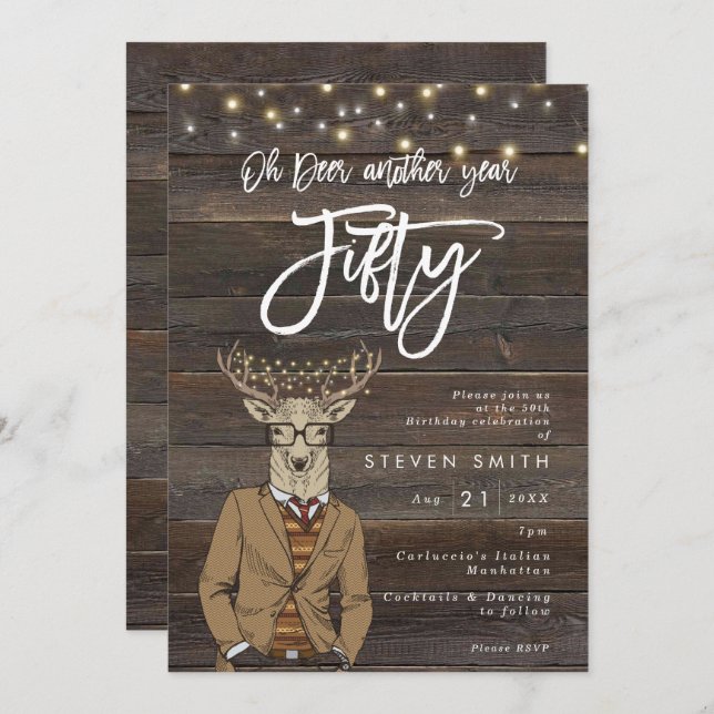 Oh deer rustic wood lights 50th birthday invitation (Front/Back)