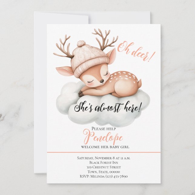 Oh Deer, She's Almost Here Baby Shower Invitation  (Front)