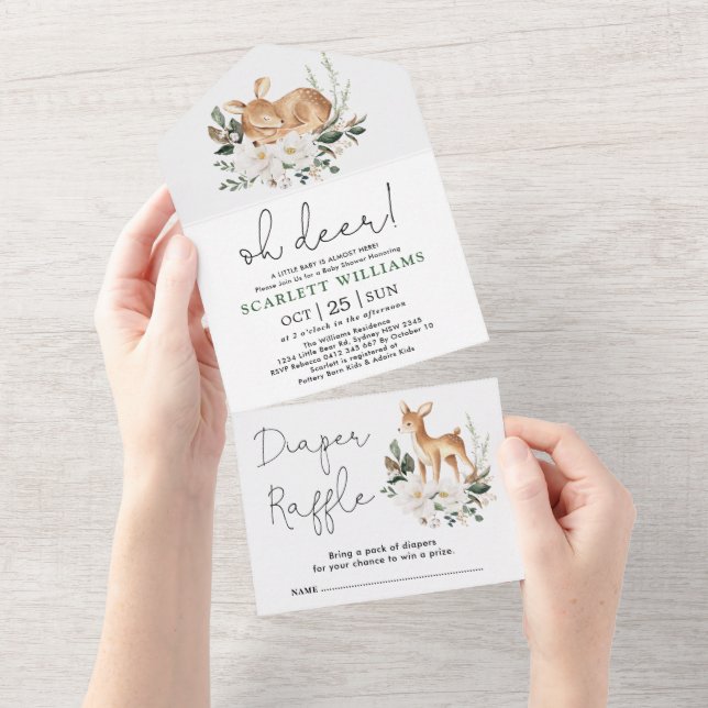 Oh Deer | Sweet White Floral Greenery Baby Shower All In One Invitation (Tearaway)