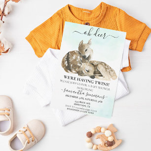 Oh Deer Watercolor Baby Shower Twins Invitation