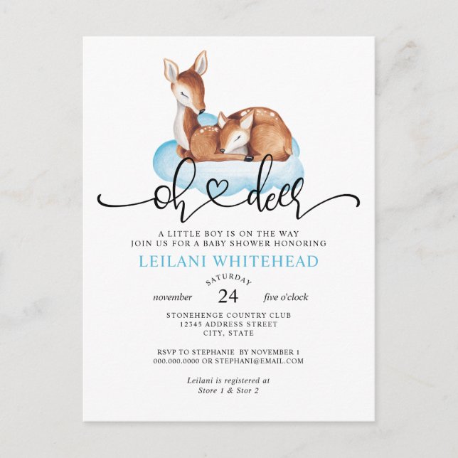 Oh Deer Watercolor Blue Cloud Baby Shower Invite Postcard (Front)