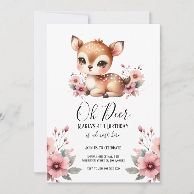 Oh Deer Watercolor Floral Birthday Party Invitation (Front)