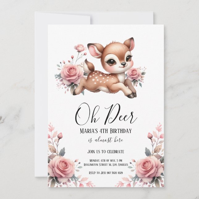 Oh Deer Watercolor Rose flowers Birthday Party Invitation (Front)