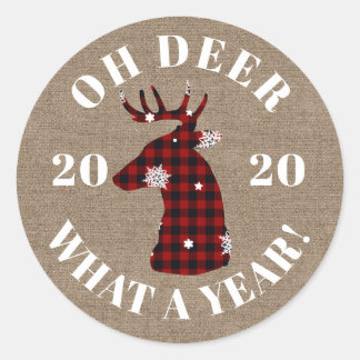 Oh Deer What a Year 2020 Burlap Buffalo Plaid Classic Round Sticker