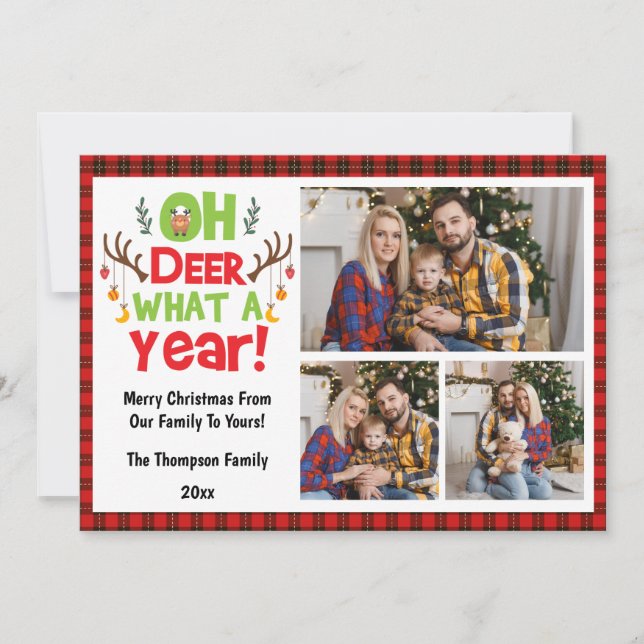 Oh Deer What A Year 2025 3 Family Photos Christmas Holiday Card (Front)