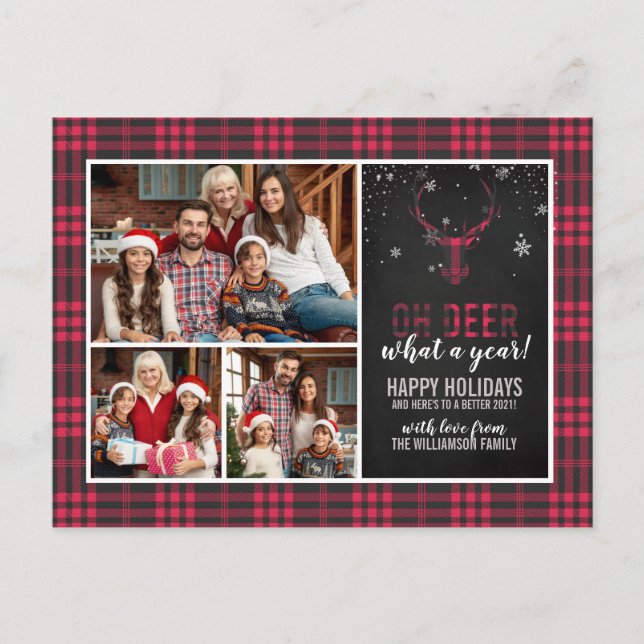 Oh Deer What A Year! | 3 Photo Plaid Holiday Photo Postcard (Front)