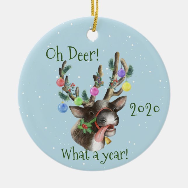Oh Deer What a Year Christmas Pandemic 2020 Ceramic Tree Decoration (Front)