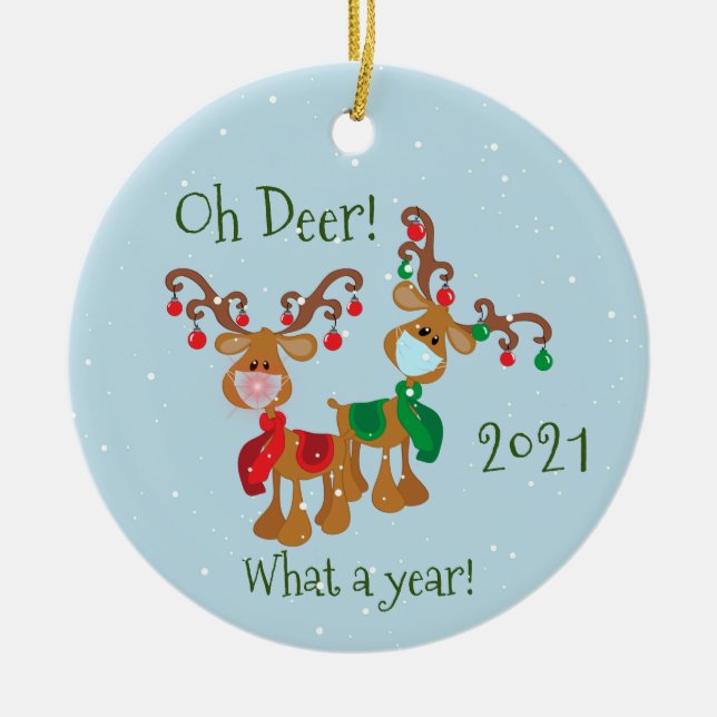 Oh Deer What a Year Christmas Pandemic 2020 Ceramic Tree Decoration (Front)