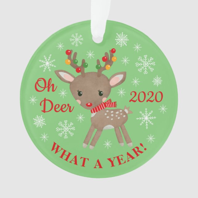 Oh Deer What A Year Cute Reindeer Christmas Green Ornament (Front)