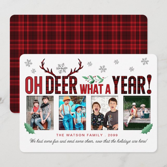 Oh DEER What a Year Fun Christmas Tartan 4 Photo Holiday Card (Front/Back)