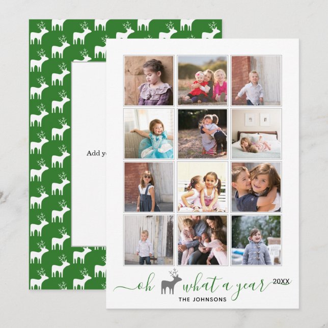 Oh deer what a year in review photo collage green holiday card (Front/Back)