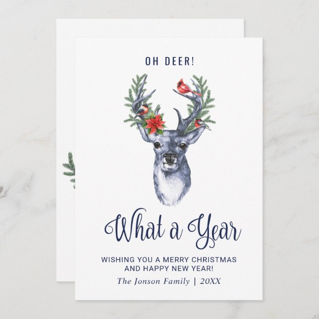 Oh Deer What a Year Merry Christmas Greeting Holiday Card (Front/Back)