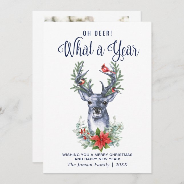 Oh Deer What a Year Merry Christmas Greeting PHOTO Holiday Card (Front/Back)