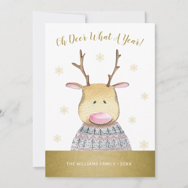 Oh Deer What A Year Quote Family Photo Holiday Card (Front)