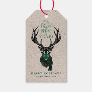 Oh Deer What a Year Reindeer Face Mask Green Plaid Gift Tags
