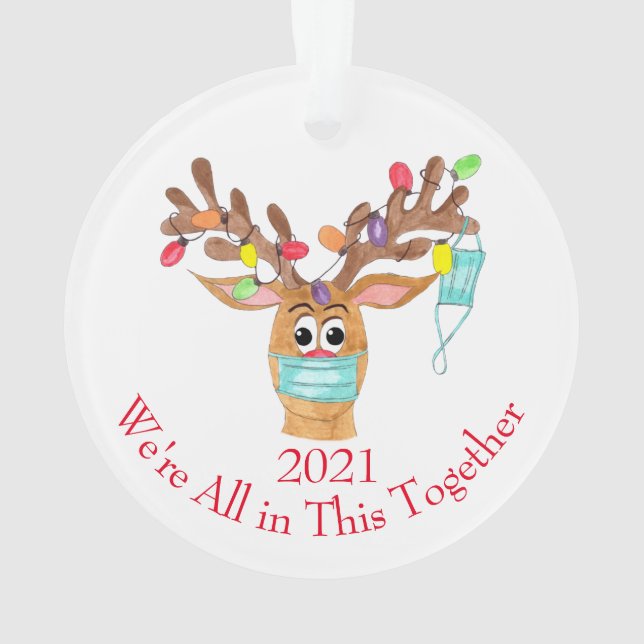 Oh Deer What a Year! Rudolph Face Masked Reindeer Ornament (Back)