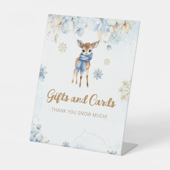 Oh Deer Winter Baby Boy Shower Gift Card Pedestal Sign (Front)