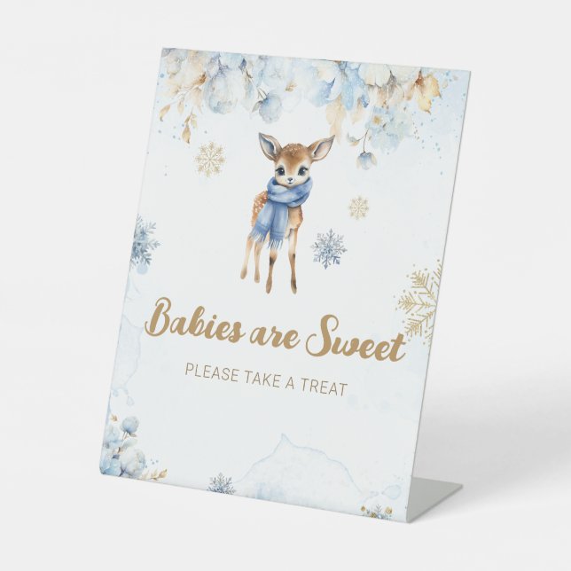 Oh Deer Winter Baby Boy Shower Sweet Treat Pedestal Sign (Front)