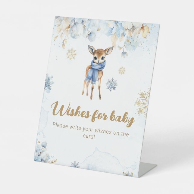 Oh Deer Winter Baby Boy Shower Wishes Game Pedestal Sign (Front)