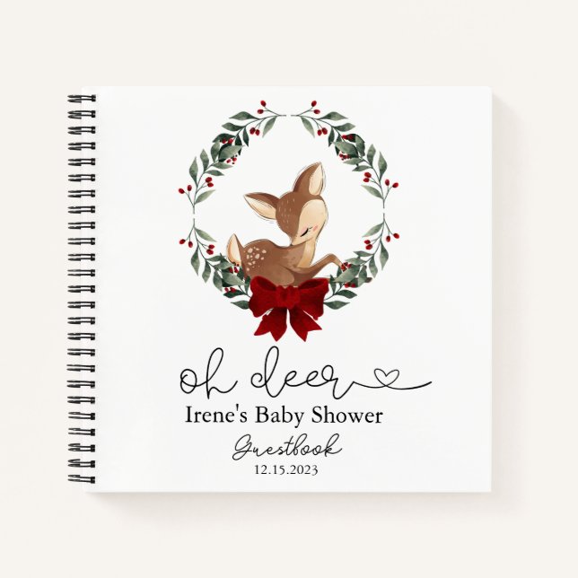 Oh Deer Winter Greenery Baby Shower Guestbook Notebook (Front)