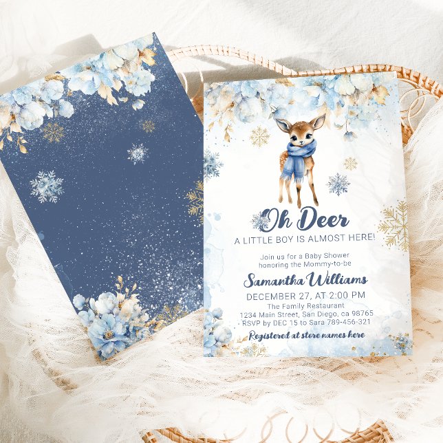 Oh Deer Winter Navy Blue Baby Boy Shower Invitation (Creator Uploaded)