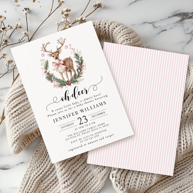 Oh deer winter wreath Christmas baby girl shower Invitation (Creator Uploaded)