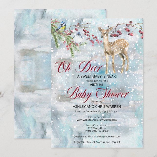 Oh Deer Woodland Animal Winter Virtual Baby Shower Invitation (Front/Back)