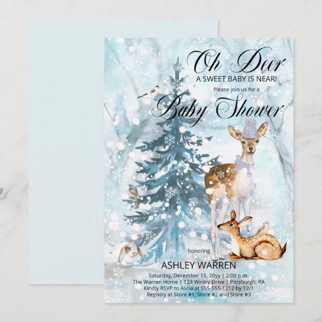 Oh Deer Woodland Animals Winter Boy Baby Shower  I Invitation (Front/Back)