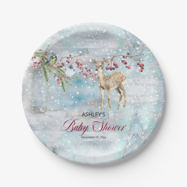 Oh Deer Woodland Animals Winter Boy Baby Shower Paper Plate (Front)