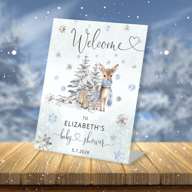 Oh Deer Woodland Animals Winter Cute Baby Shower Pedestal Sign (Creator Uploaded)
