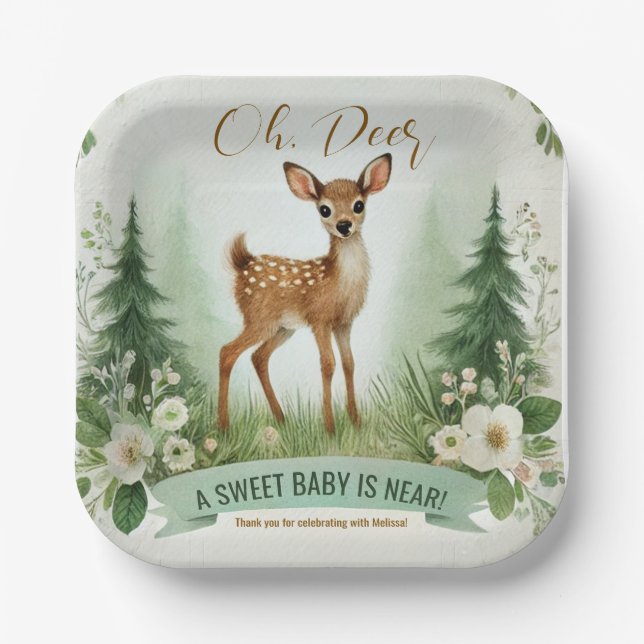 Oh, Deer! Woodland Baby Shower Party Paper Plate (Front)