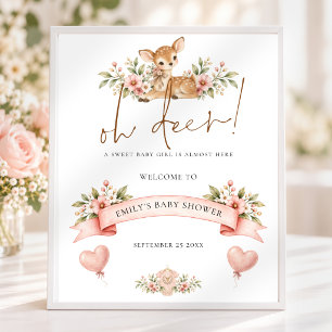 Oh Deer Woodland Blush Floral Welcome Baby Shower Poster