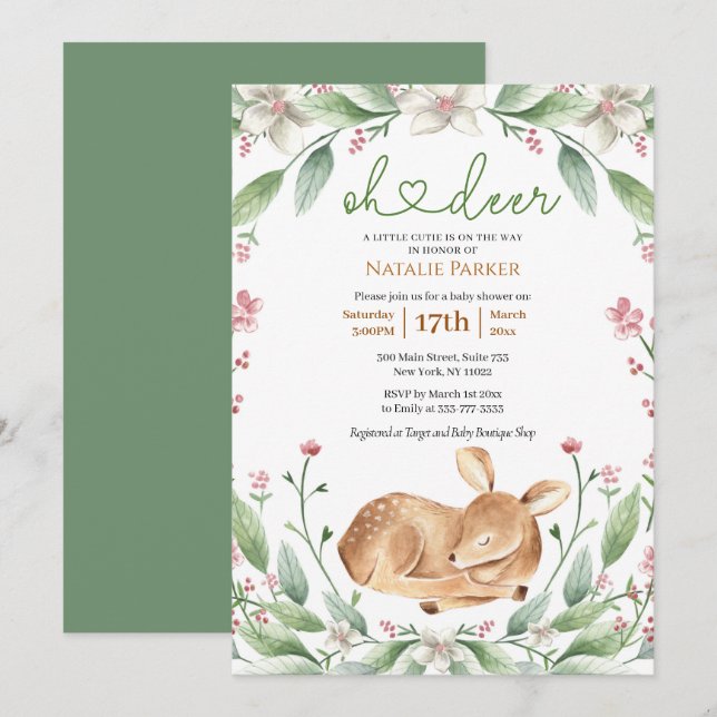 Oh Deer Woodland Floral Greenery Baby Shower Invitation (Front/Back)