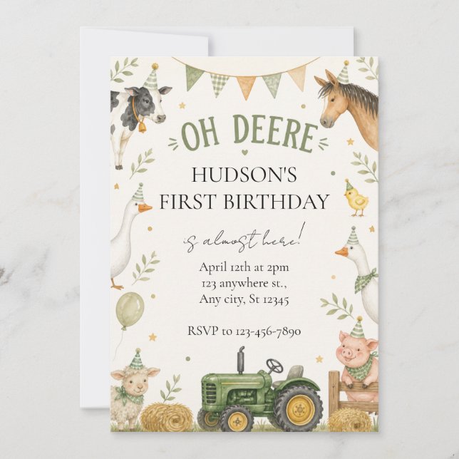 Oh Deere Farm Birthday Invitation (Front)