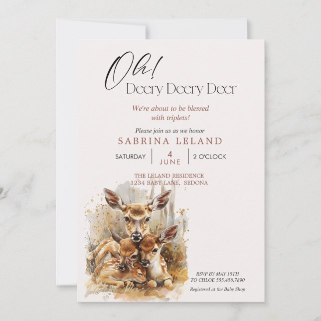 Oh Deery Deery Deer Triplets Baby Shower Invitation (Front)