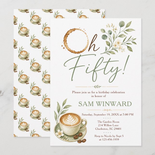 Oh Fifty Green Botanical Coffee Birthday Invitation (Front/Back)
