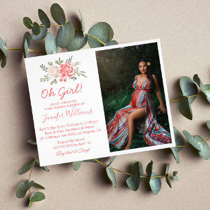 oh girl , baby shower red floral photo invitation flyer