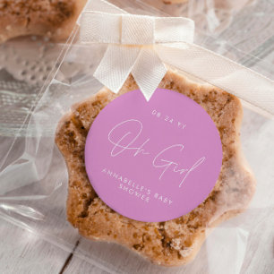 oh girl Baby shower script cerise pink elegant Classic Round Sticker