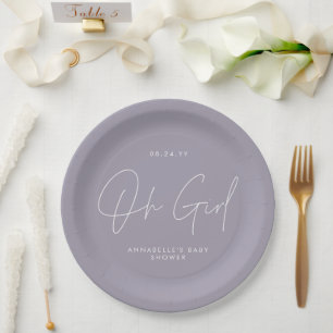 oh girl Baby shower script lilac purple elegant Paper Plate