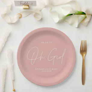 oh girl Baby shower script pink elegant Paper Plate
