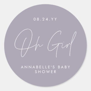 oh girl Baby shower script purple lilac elegant  Classic Round Sticker