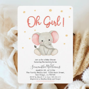 Oh Girl Blush Pink Baby Elephant Shower Invitation