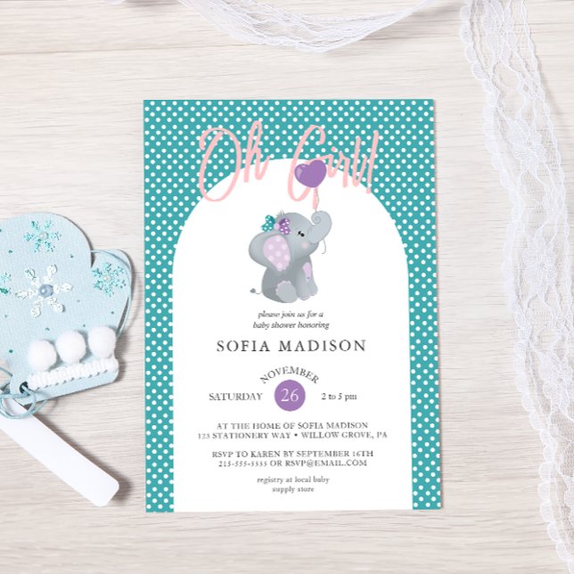 Oh Girl Cute Elephant Baby Shower Invitation (Creator Uploaded)