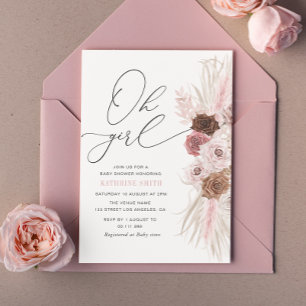 Oh Girl Dusty Pink Pampas baby shower Invitation