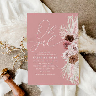 Oh Girl Dusty Rose Pampas Floral baby shower Invitation