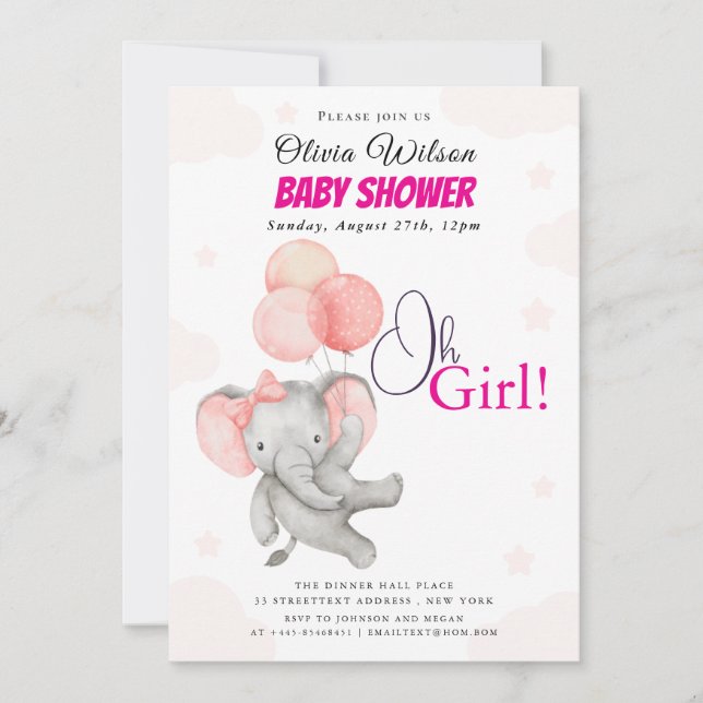 Oh Girl Elephant Baby Shower Invitation (Front)