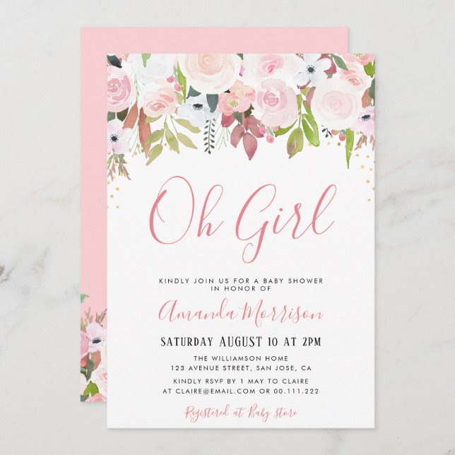 OH GIRL | floral baby shower invitation (Front/Back)