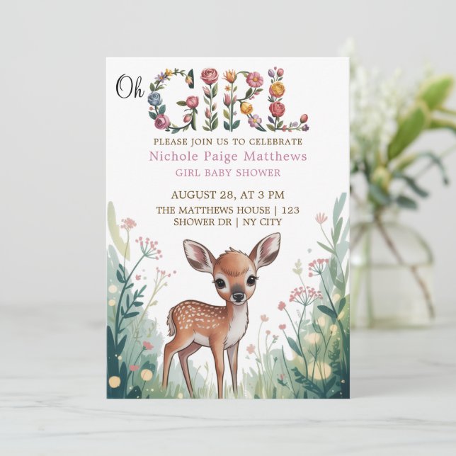 Oh Girl: Little Deer Fawn Baby Shower Invitation (Standing Front)