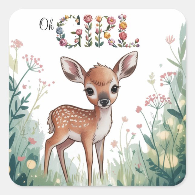 Oh Girl: Little Deer Fawn Girl Baby Shower Square Sticker (Front)