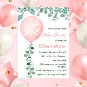 Oh Girl, modern pink Balloon Baby Shower Invitation